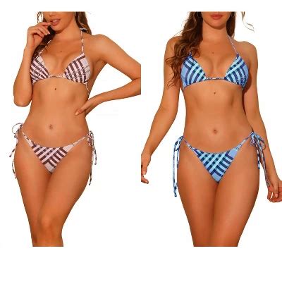 INSPIRE CHIC Women S Triangle Halter High Cut Tie Side Plaid Print String Bikini Swimsuits