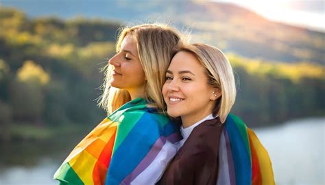 Grupo Lgbt Casais L Sbicas Bonitos Sorriem Brilhantemente Cobrindo