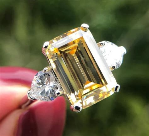 380 Ctw Emerald Cut Diamond Engagement Ring Canary Yellow Etsy