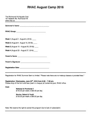 Fillable Online Rhac Camper Registration Form Our Th Summer