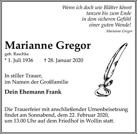 Traueranzeigen Von Marianne Gregor Trauer Anzeigen De