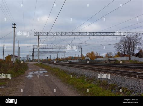 Railway In Fog On Station Outdoor Landscape Stock Photo Alamy