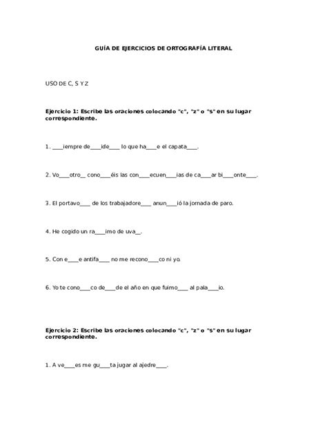 Guía De Ejercicios De Ortografía Literal Uso De La C S Y Z Pdfcoffee