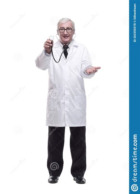 In Full Growth Friendly Mature Doctor With A Stethoscope In Hand Stock