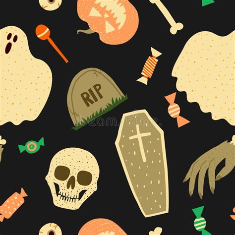 Scary Halloween Seamless Pattern Collection Set Of Spooky Objects On Dark Background Skull