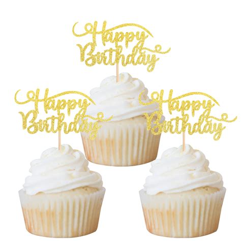 Buy 24 Pack Happy Birthday Cupcake Toppers Gold Glitter Birthday