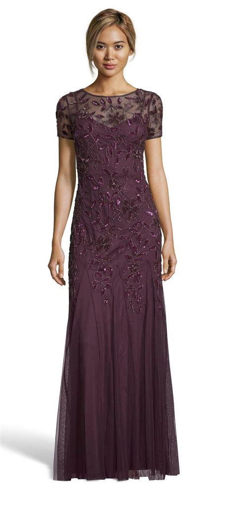 Adrianna Papell Floral Beaded Godet Gown With Sheer Short Sleeves