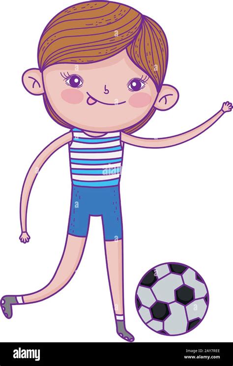 niño pequeño jugando con la bola de fútbol dibujo animado personaje