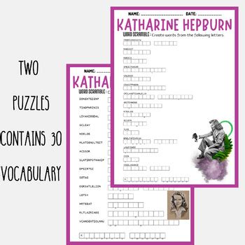 Katharine Hepburn Biography Word Scramble Puzzle Worksheets Activity