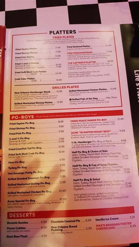 Menu at Acme Oyster House restaurant, Gulf Shores