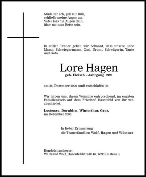 Todesanzeigen Von Lore Hagen Todesanzeigen Vorarlberger Nachrichten