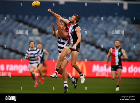 Dougal Howard Of St Kilda Right Spoils A Mark Again Tom Hawkins Of