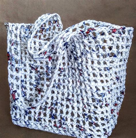 Recycled Plastic Bag Tote White With Red And Blue Flecks Zero Waste