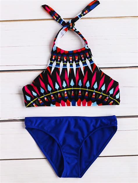 Set Bikini De Halter Con Estampado Geom Trico Mix Match Azul