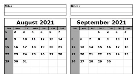 August And September 2021 Calendar With Holidays Template