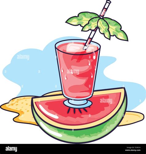 Refresh Juice In The Beach With Slice Watermelon Vector Illustration