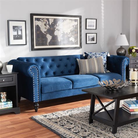 Navy Blue Velvet Chesterfield Sofa Button Tufted In Blue Couch