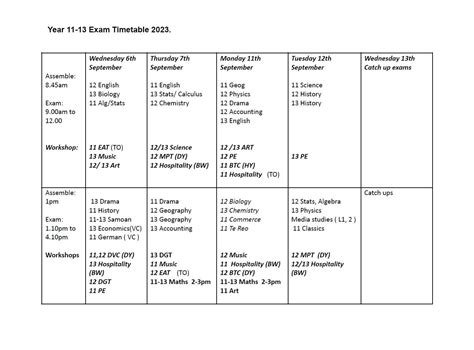 Exam Timetable 2023 South Otago High School