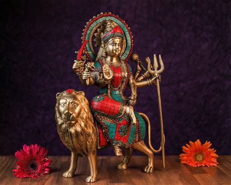 Brass Durga Statue 18cm Big Maa Durga With Inlay Work Goddess Durga