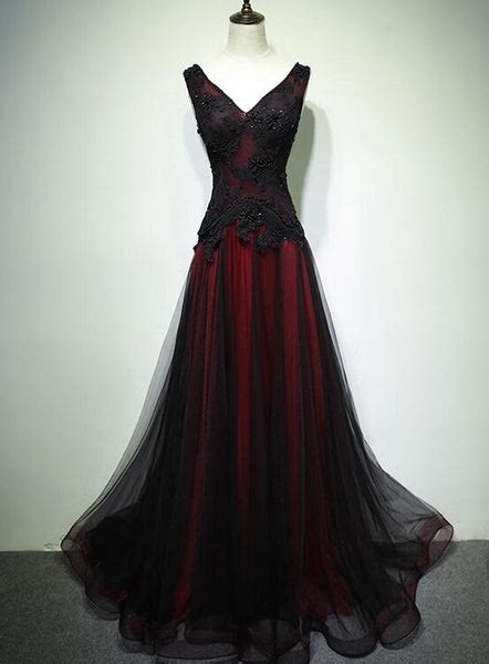 Gorgeous Black And Red V Neckline Tulle Beaded Prom Dress Long Evenin