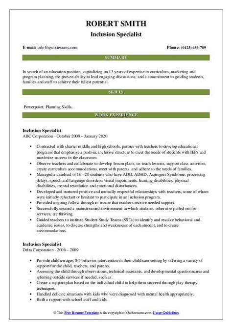 Inclusion Specialist Resume Samples Qwikresume