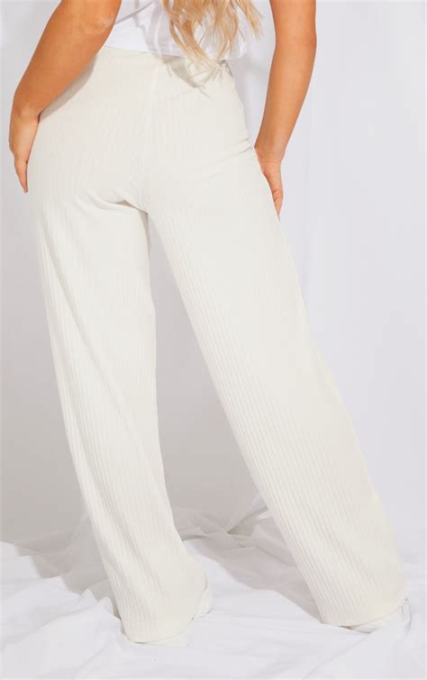 Cream Premium Ribbed Wide Leg Trousers Prettylittlething Usa