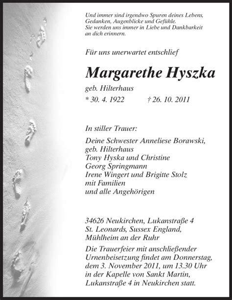 Traueranzeigen Von Margarethe Hyszka Trauer HNA De