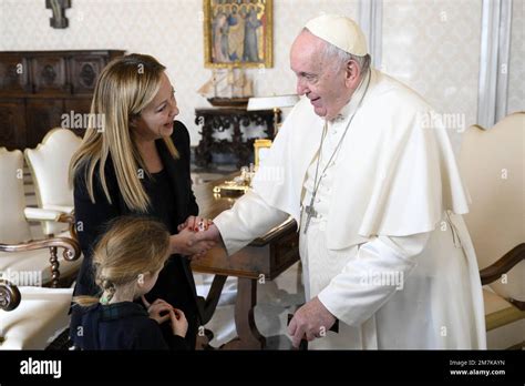 Vatican 10 January 2023 Pope Francis Meets Italian Prime Minister Giorgia Meloni Accompanied