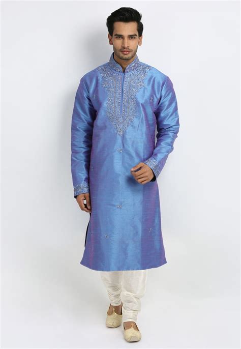 Blue Art Silk Readymade Kurta Pajama 203655 Silk Bottoms Full