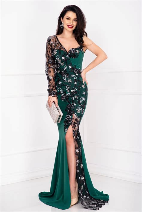 Rochie De Lux Eleganta Tip Sirena Claire Mov Cu Flori 3D Si Fronseuri