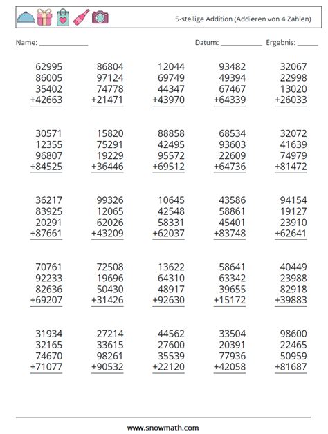 25 5 stellige addition addieren von 4 zahlen Mathe Arbeitsblätter