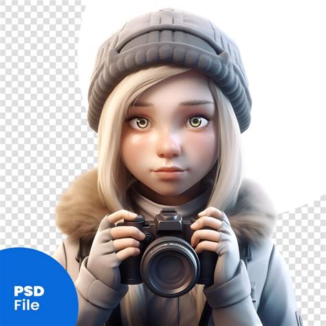 Renderização 3d De Uma Garota Com Uma Câmera Em Um Modelo Psd De Fundo