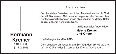 Traueranzeigen Von Hermann Kremer Noz Trauerportal