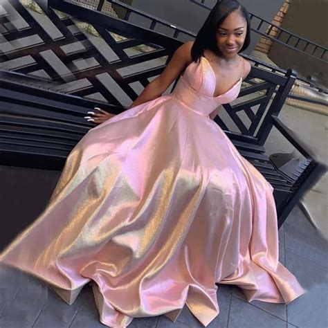 Bright Pink Prom Dresses For Black Girls Spaghetti Backless Pockets A