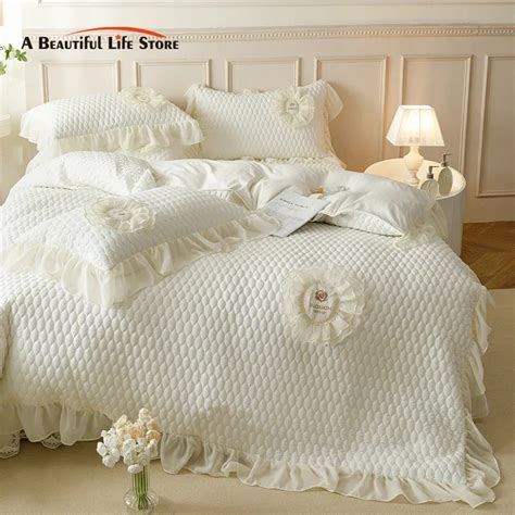 Korean Princess Style Lace Ruffles 100 Cotton Bedding Set Quilted Duvet