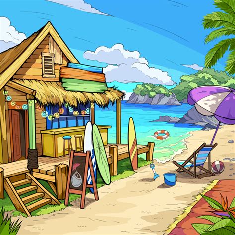 Colorful Beach Hut Painting With Surfboards And Umbrellas