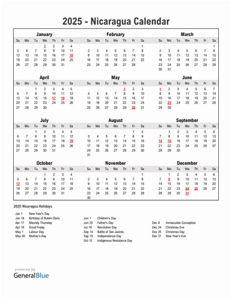 Year Simple Calendar With Holidays In Nicaragua