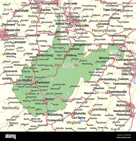 Map Of West Virginia Shows Country Borders Urban Areas Place Names Roads And Highways