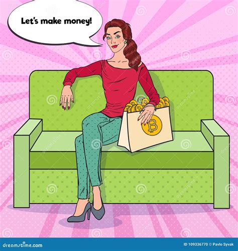 Pop Art Woman With Shopping Bag Full Of Bitcoin Stock Vector