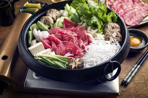 Traditional Japanese Sukiyaki Stew With Kobe Beef In A Design Pot Stock