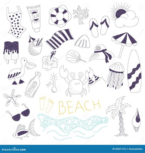 Vector Beach Themed Doodles Set Stock Vector - Illustration of nature, palm: 58341125