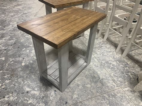 Rustic Handmade Long End Tables Set With Shelve Distressed White Base