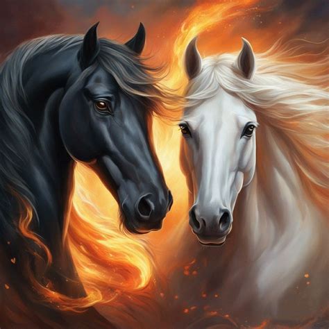 Black horse and white horse in love portrait long mane | Resim ...