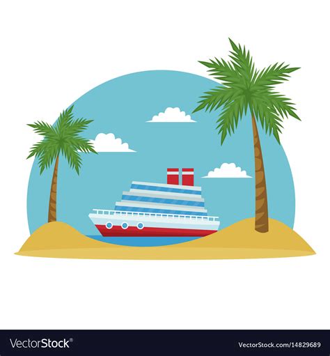 Cartoon cruise ship tropical beach palm tree Vector Image