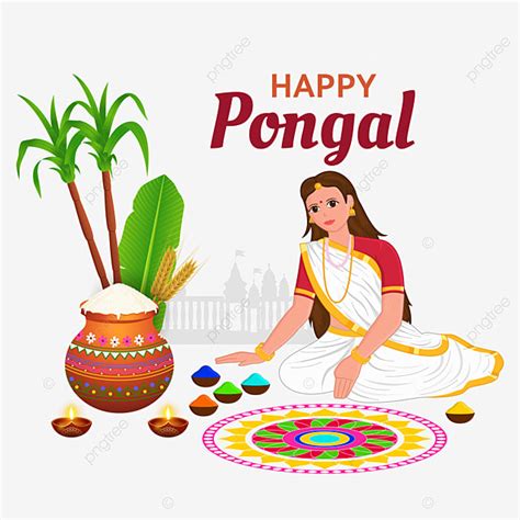 Pongal Festival Vector Design Images, Woman Making Rangoli For Pongal ...