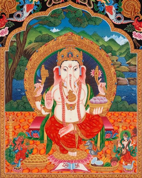 Four Armed White Ganesha Seated On Lion Throne With Dragon Motifs