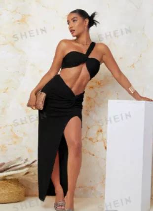 Shein Bae One Shoulder Crop Top Twist Front Split Thigh Skirt