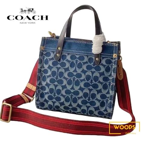 COACH FIELD TOTE 22 Signature Denim 2way Bag W Removable Shoulder