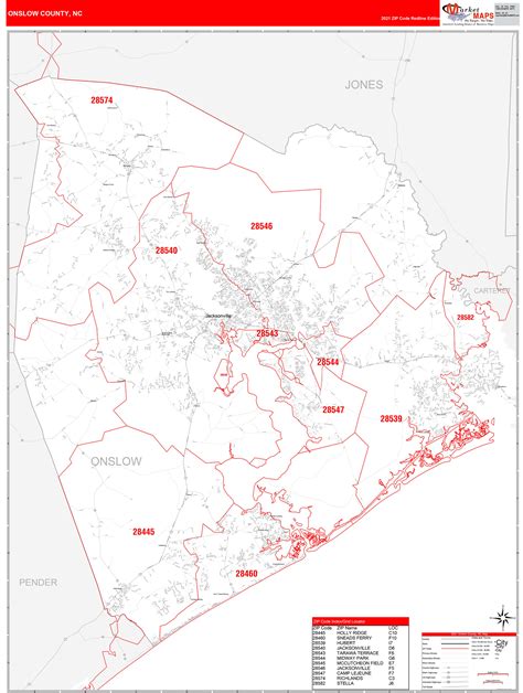 Onslow County, NC Zip Code Wall Map Red Line Style by MarketMAPS - MapSales