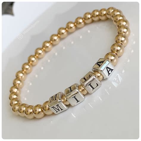 6mm Gold Bead Name Bracelet Personalized Stretch Bracelet Girl Dad